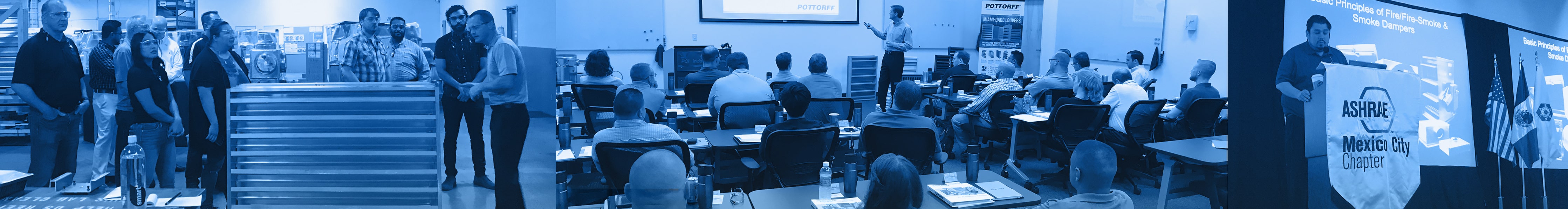 blue colored banner, three pictures accorss it, each of them are training sessions, a crowd listening to the training session from the exhibitor